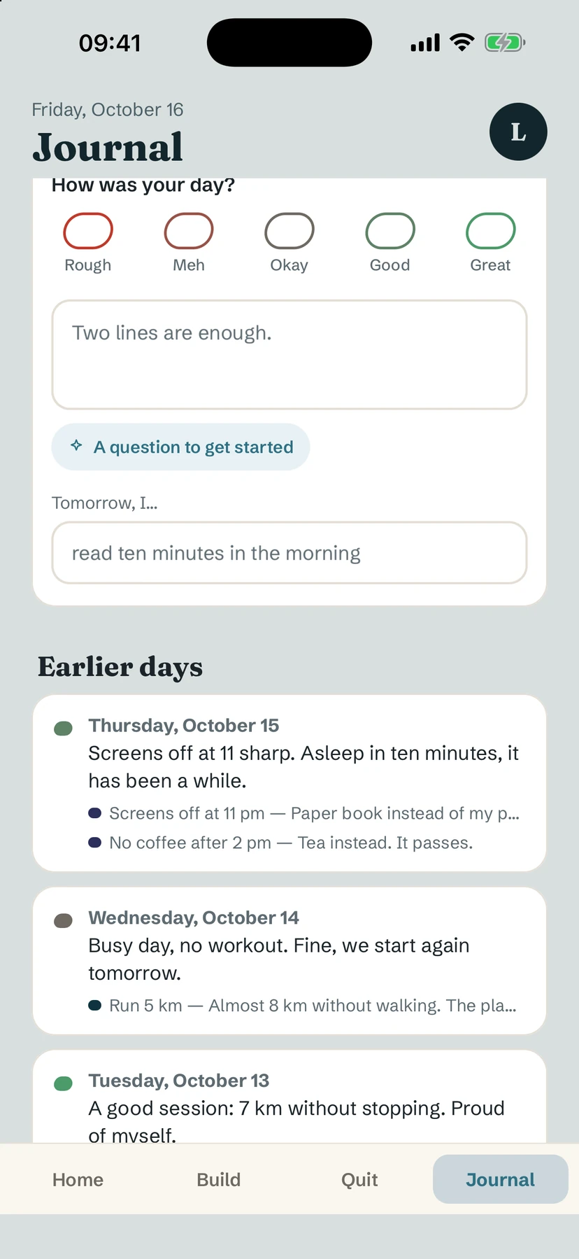 Yolmira's Journal tab: a mood scale, a short entry and a Tomorrow, I… field