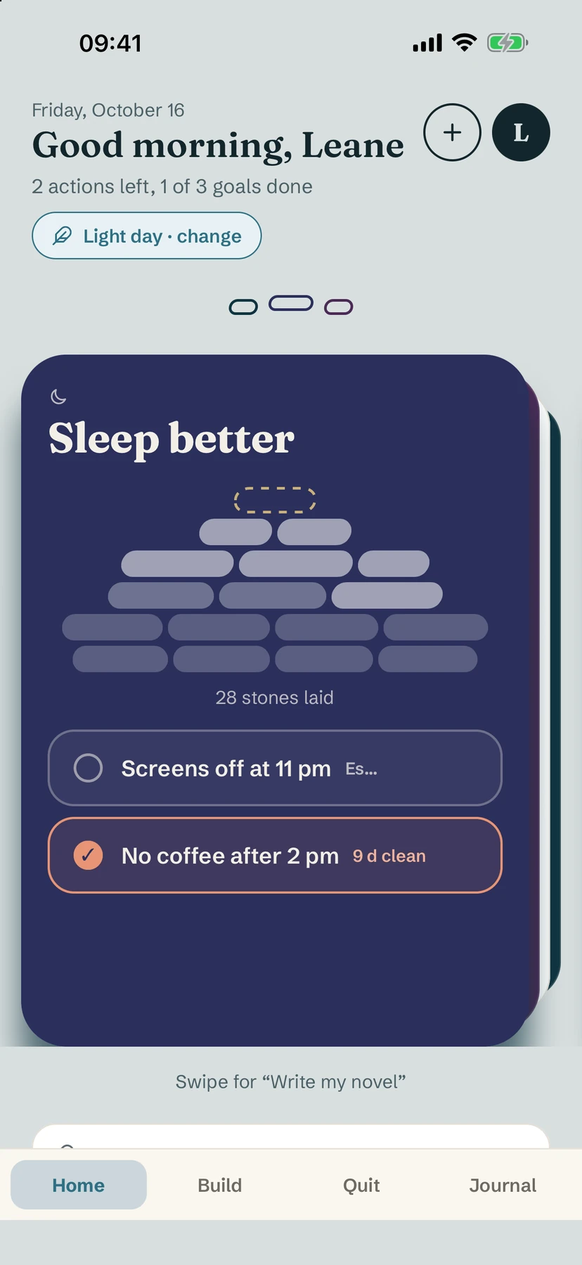 Yolmira home screen with a light day enabled, showing the goal Sleep better
