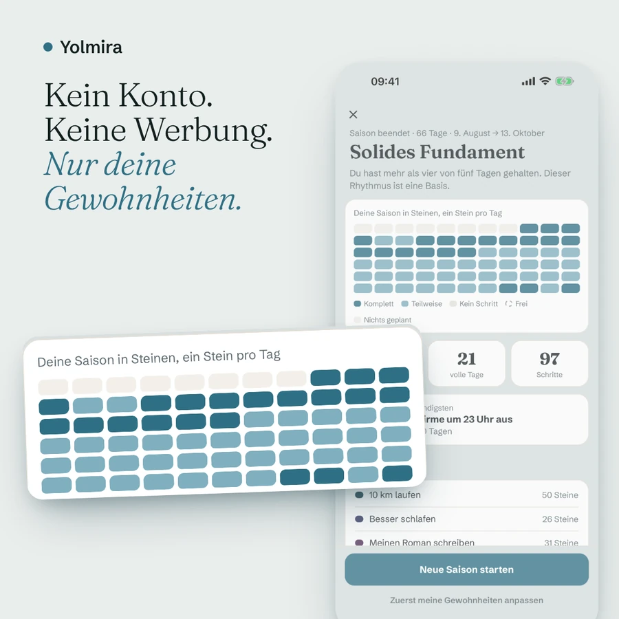 Eine abgeschlossene Saison als Raster aus Steinen, mit den Worten „Kein Konto. Keine Werbung. Nur deine Gewohnheiten.“