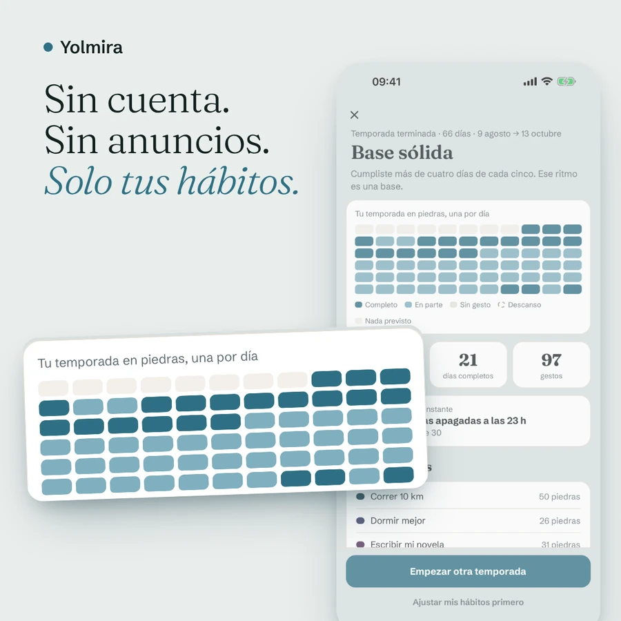 Una temporada terminada como una cuadrícula de piedras, con las palabras «Sin cuenta. Sin anuncios. Solo tus hábitos.»