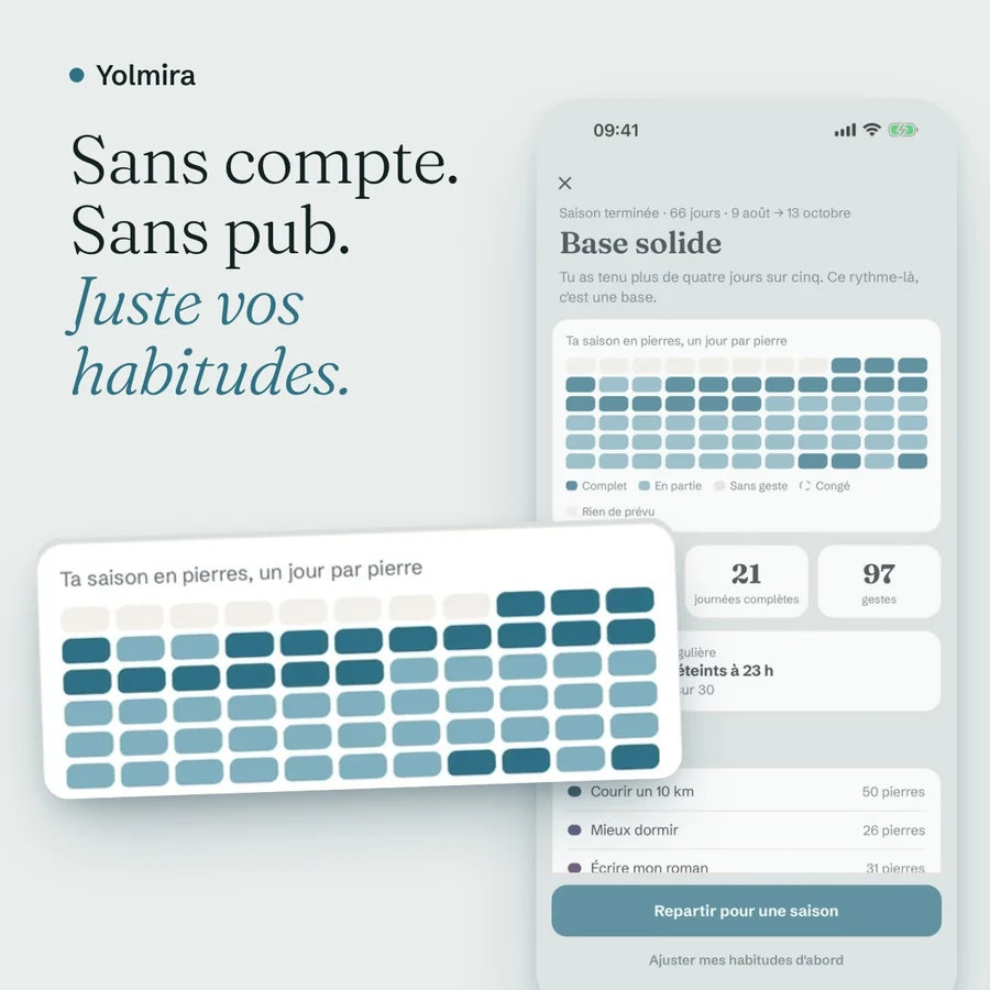 Une saison terminée en grille de pierres, avec les mots « Sans compte. Sans pub. Juste vos habitudes. »