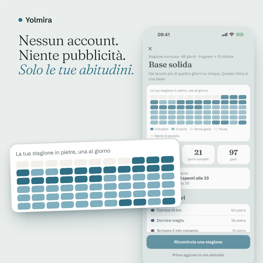 Una stagione conclusa come una griglia di pietre, con le parole «Nessun account. Niente pubblicità. Solo le tue abitudini.»