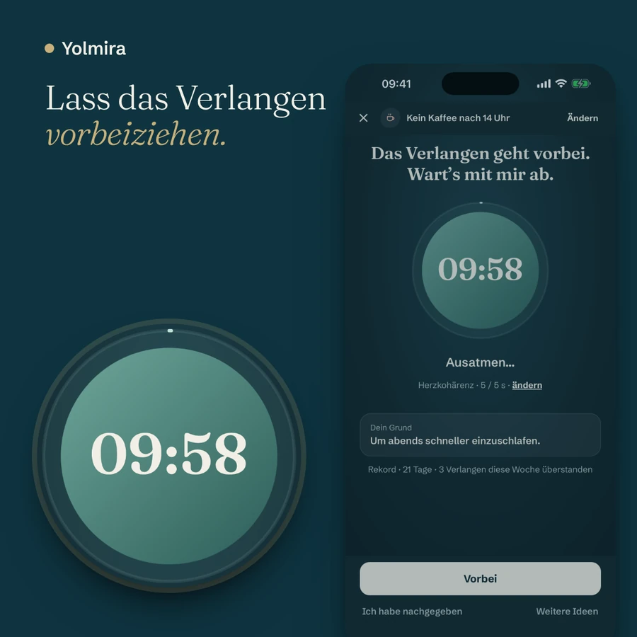 Der Bildschirm gegen Verlangen: ein Zehn-Minuten-Countdown in einem Atemkreis, mit den Worten „Lass das Verlangen vorbeiziehen“