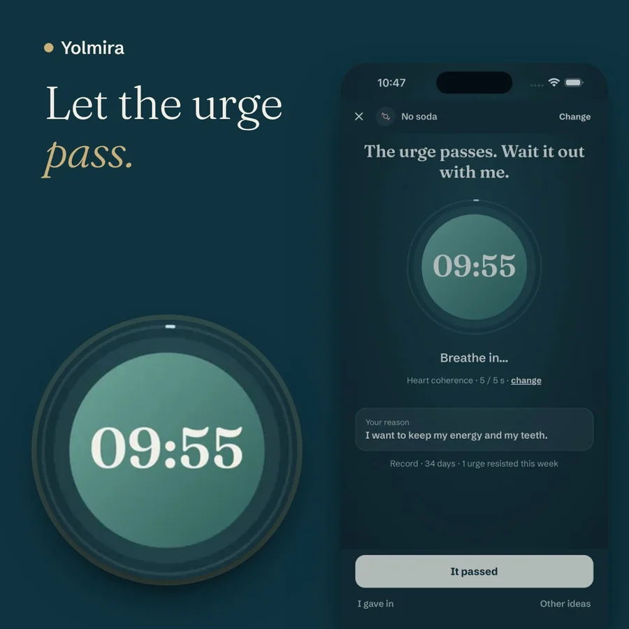 Yolmira's craving screen: a ten-minute countdown inside a breathing circle. Let the urge pass.