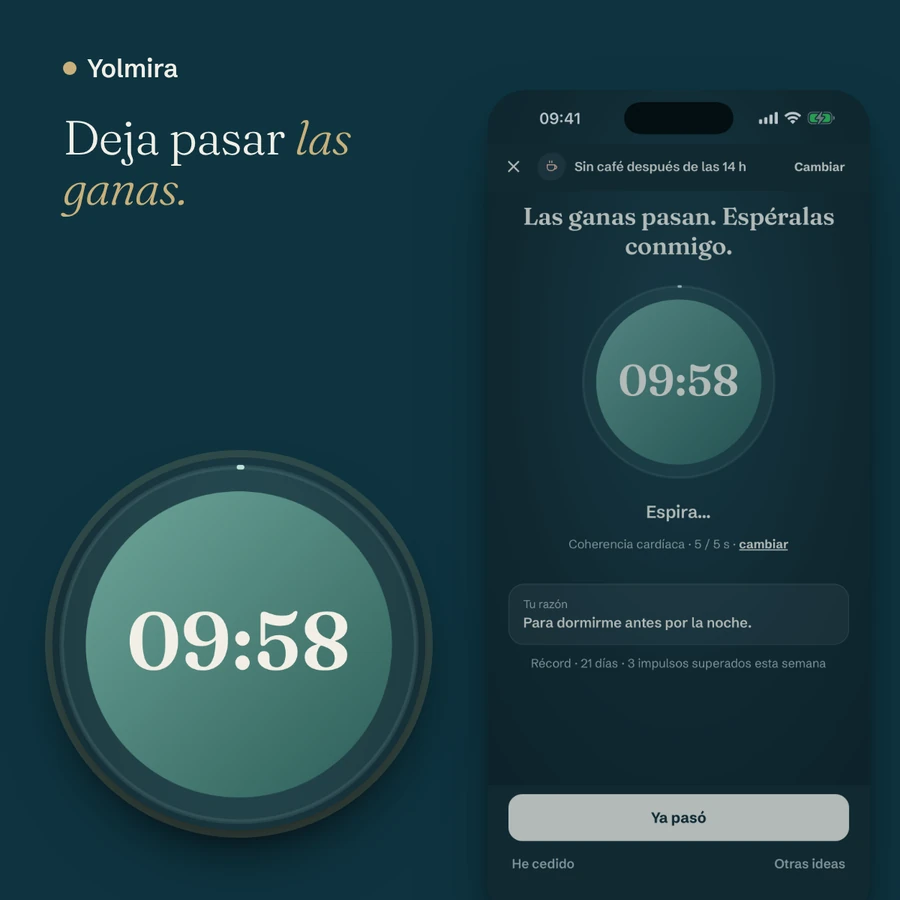 La pantalla de las ganas: una cuenta atrás de diez minutos dentro de un círculo de respiración, con las palabras «Deja pasar las ganas»
