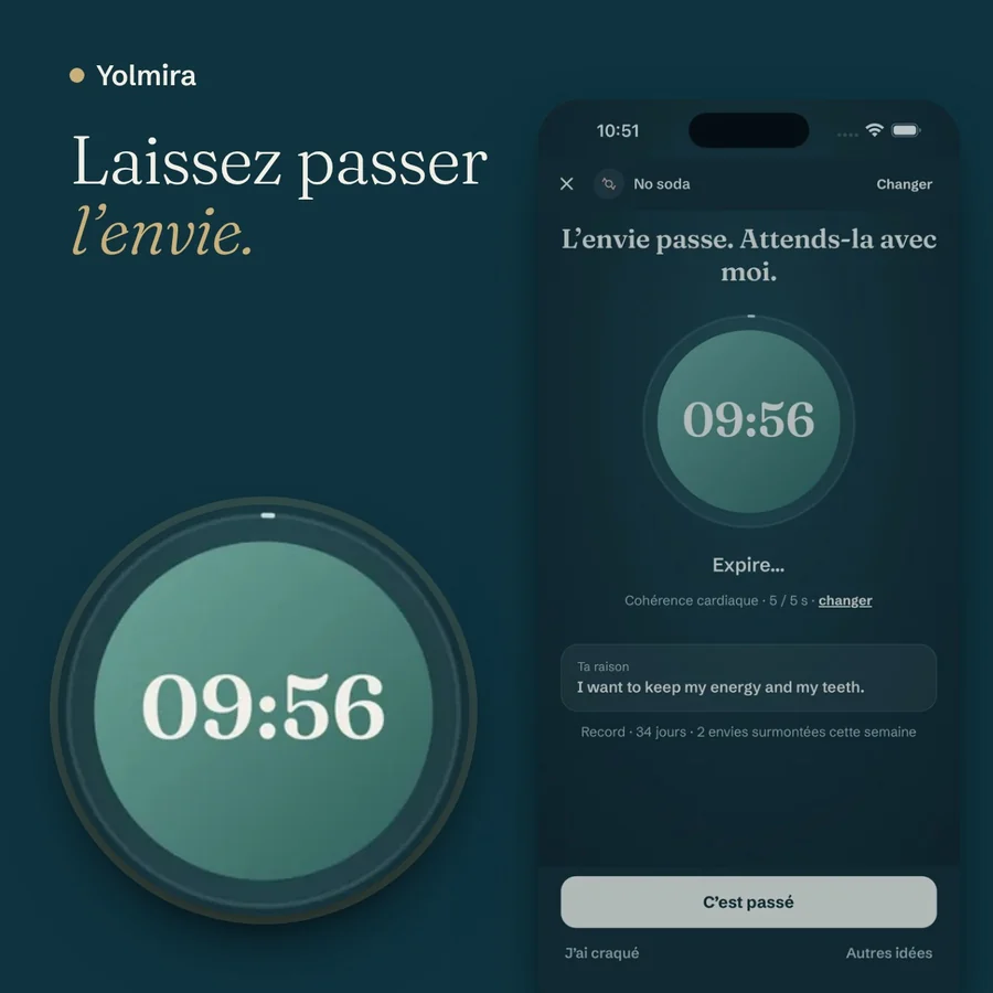 L'écran d'envie : un compte à rebours de dix minutes dans un cercle de respiration, avec les mots « Laissez passer l'envie »