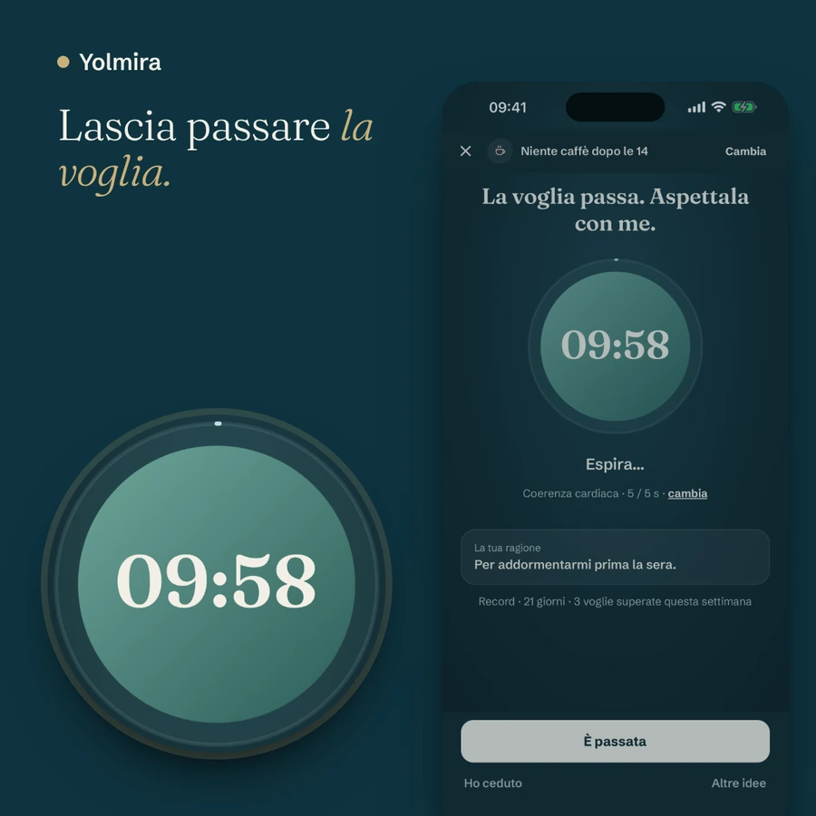 La schermata delle voglie: un conto alla rovescia di dieci minuti dentro un cerchio di respirazione, con le parole «Lascia passare la voglia»