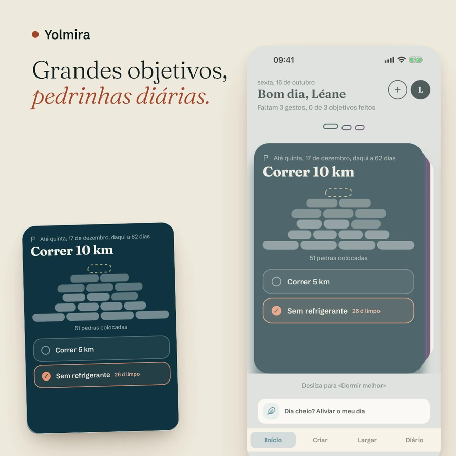 Um cartão de objetivo com 51 pedras colocadas em um cairn e dois hábitos associados