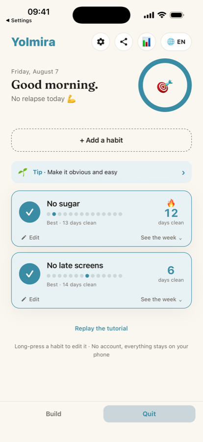 The Quit tab: two habits being broken, counting 12 and 6 days clean
