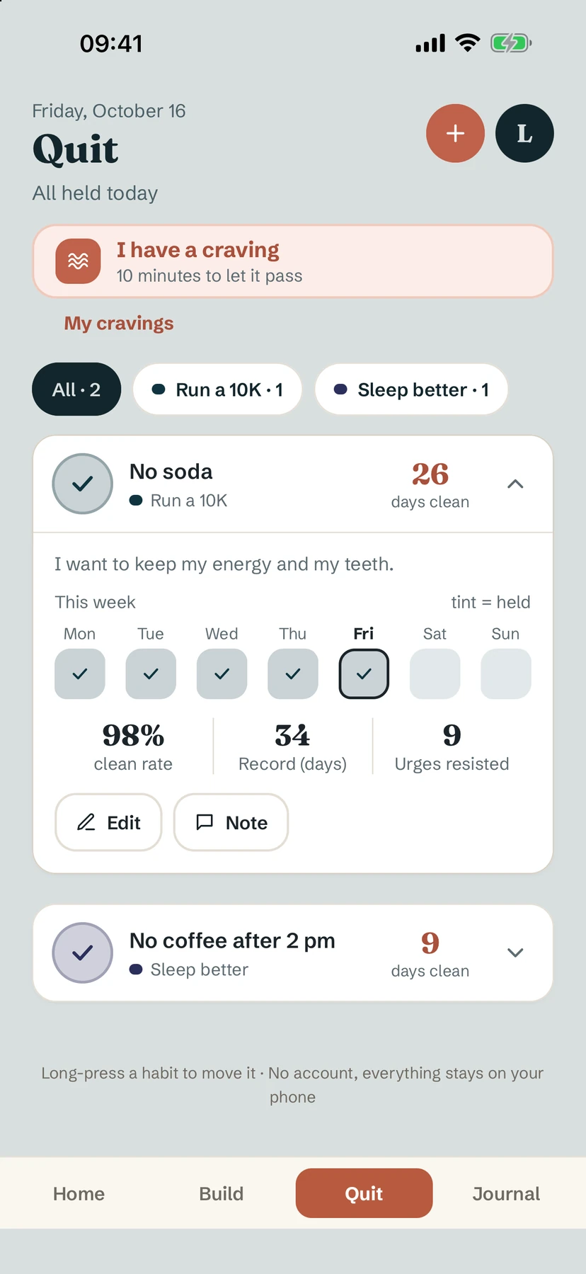 Yolmira Quit tab showing habits with days clean, a weekly view and urges resisted