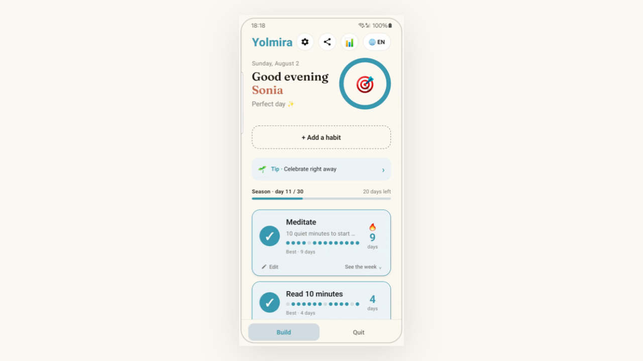 Yolmira's Build tab on a phone, with two habits checked off